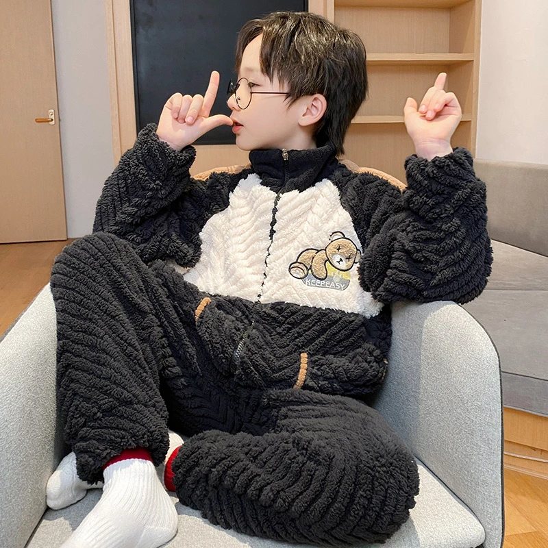 男童睡衣新款儿童珊瑚绒冬季男孩中大童加绒加厚卡通法兰绒家居服