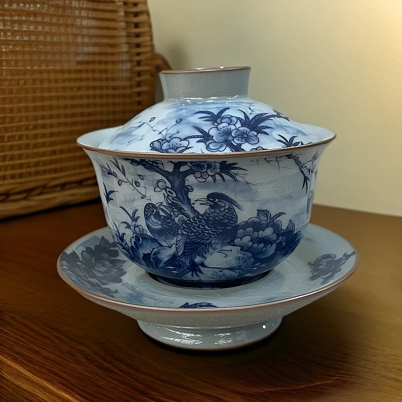 老陶泥盖碗精美盖碗三才盖碗山水盖碗喜上眉梢盖碗