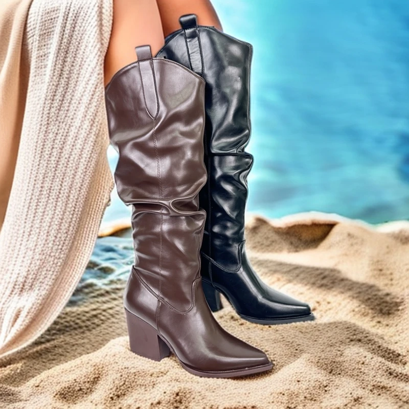 1066-7新款时尚百搭高靴粗跟到膝弹力秋冬长筒瘦瘦靴筒靴成型第