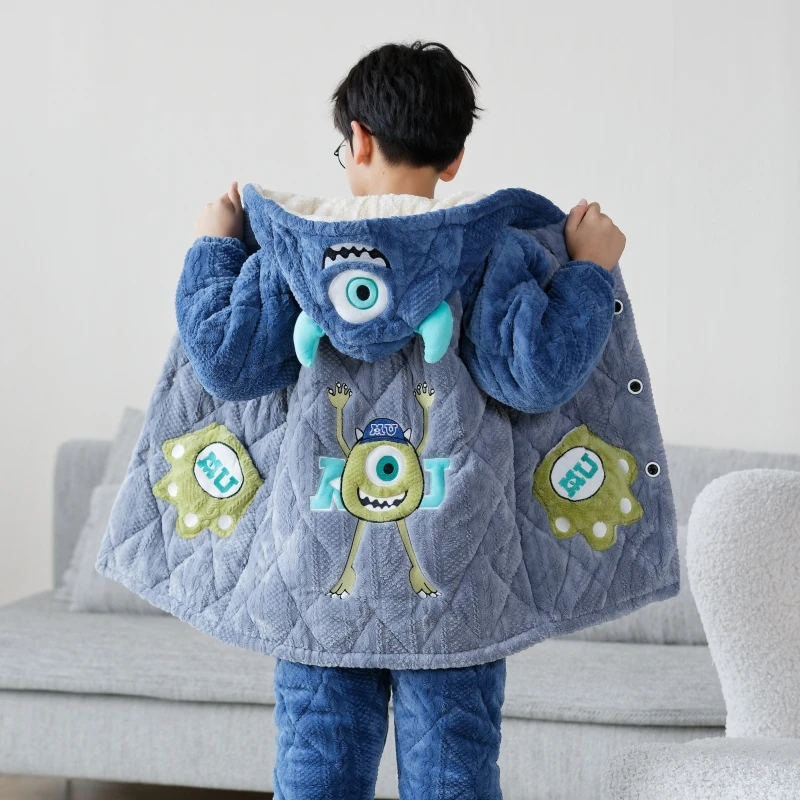 儿童睡衣秋冬季加厚款男童珊瑚绒三层夹棉法兰绒中大孩家居服套装