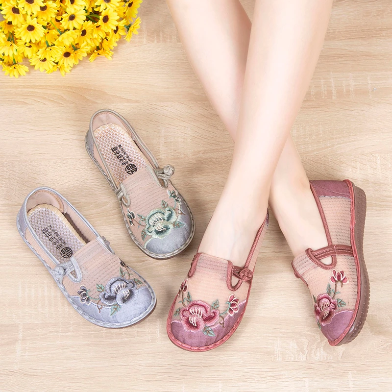 夏季绣花一脚蹬久穿不累脚透气女鞋软底中老年妈妈鞋老北京布鞋女