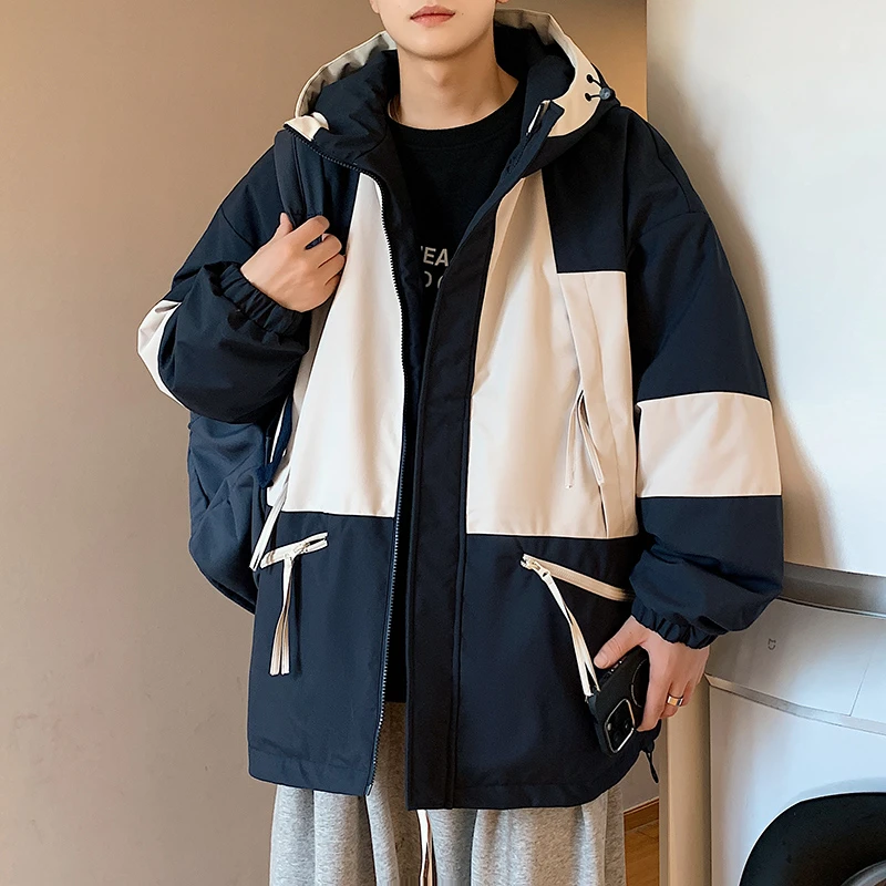 冬季连帽棉袄男韩版加厚百搭情侣宽松拼接多口袋创意时尚棉服外套