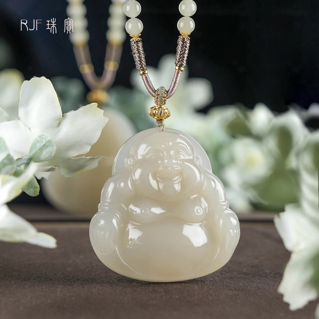 RJF【溶慧】天然和田玉藕粉弥勒佛大肚佛公气质百搭双面雕刻挂坠