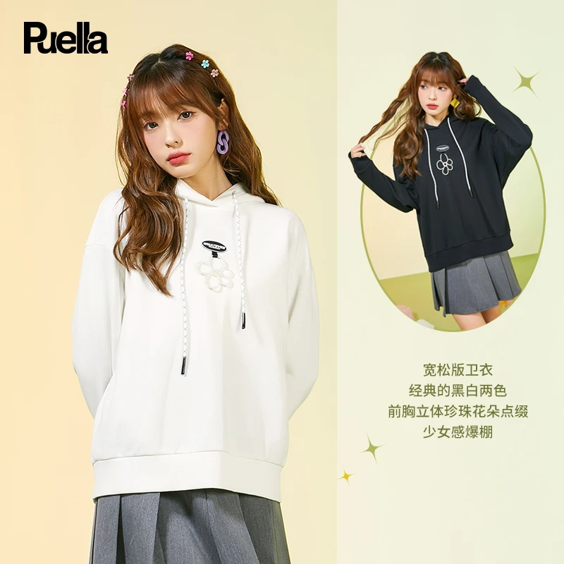 拉夏贝尔旗下Puella2023秋季新款时尚上衣休闲时尚套头印花卫衣女