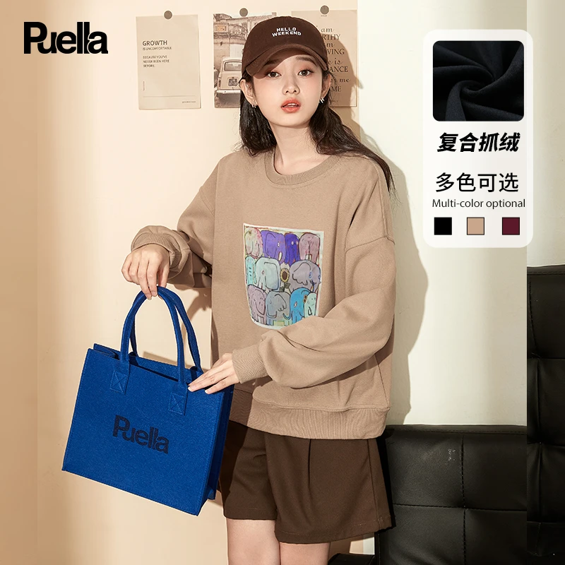 拉夏贝尔旗下Puella2023秋新款时尚oversize印花圆领卫衣女ins潮