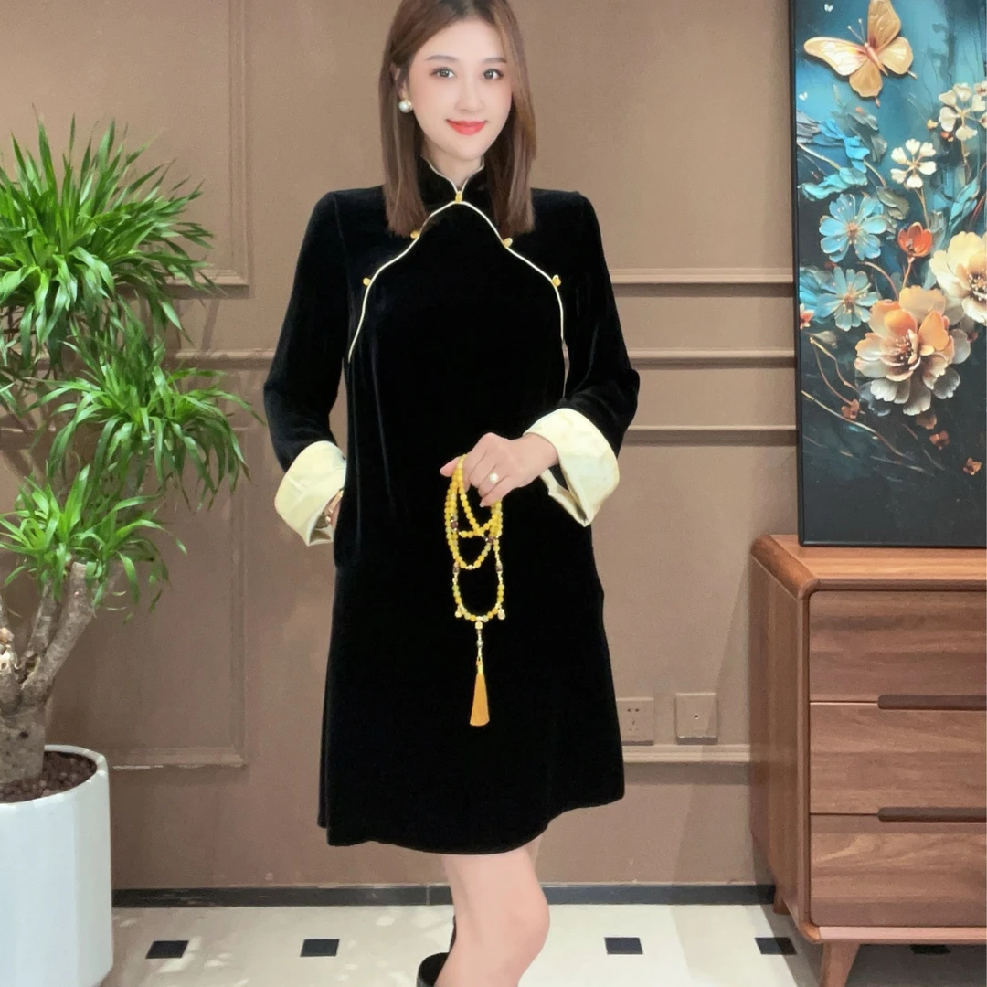 【现货】新中式真丝丝绒连衣裙秋冬季拼色设计省心穿搭T912