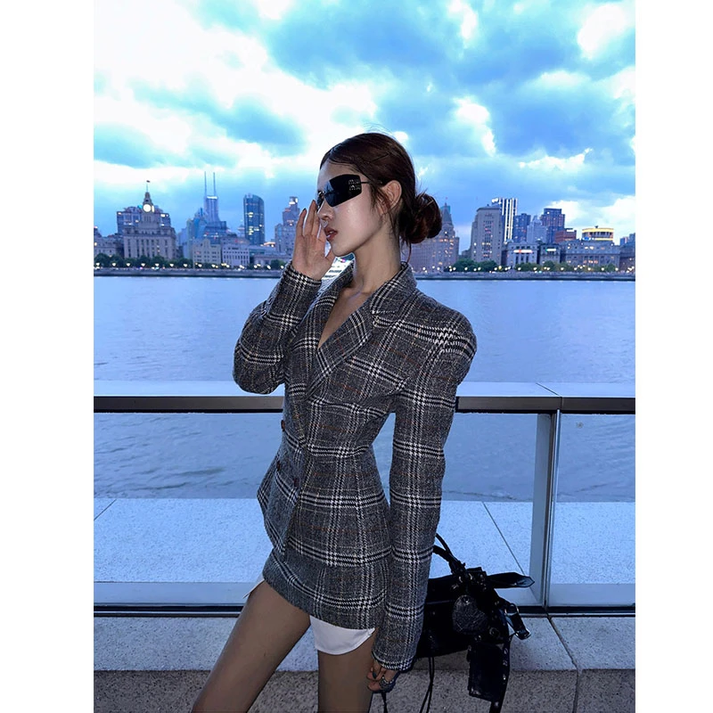 2024秋季新款格子西装外套女长袖西服修身上衣百搭半身裙时尚套装