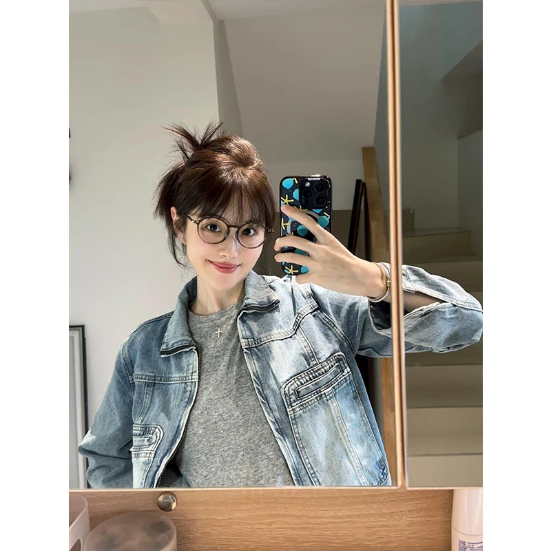 甜酷做旧牛仔外套秋季复古学生小个子开衫上衣百搭半身裙两件套