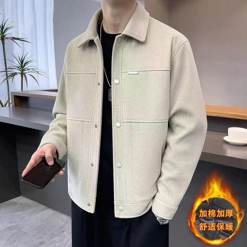 2024新款秋冬加厚毛呢夹克男士潮流短款休闲纯色帅气翻领百搭外套