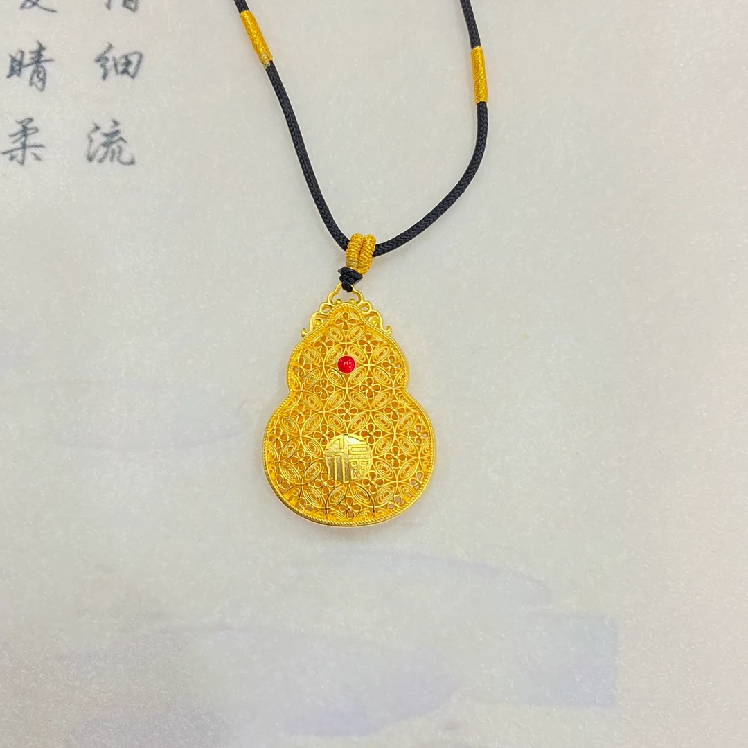 吊坠足银 足银富贵花丝葫芦小古法金色素款精致项坠精美传承