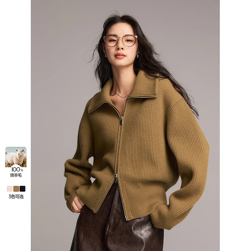 初棉厚实毛衣外套 绵羊毛翻领时尚拉链开衫 357605011