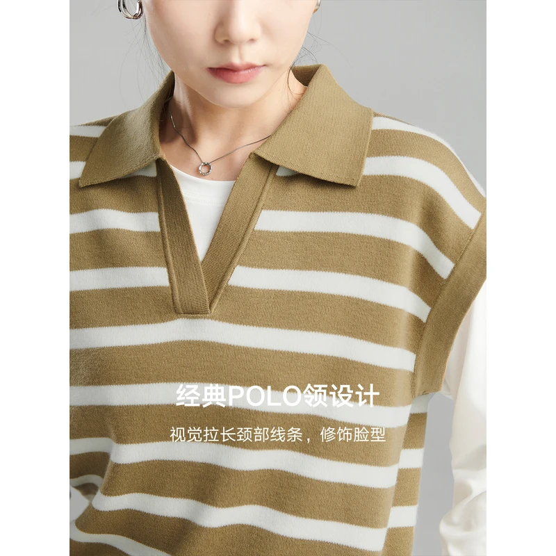 初棉八月【小斑马】经典时髦polo领翻领条纹马甲黑白346699007宽松