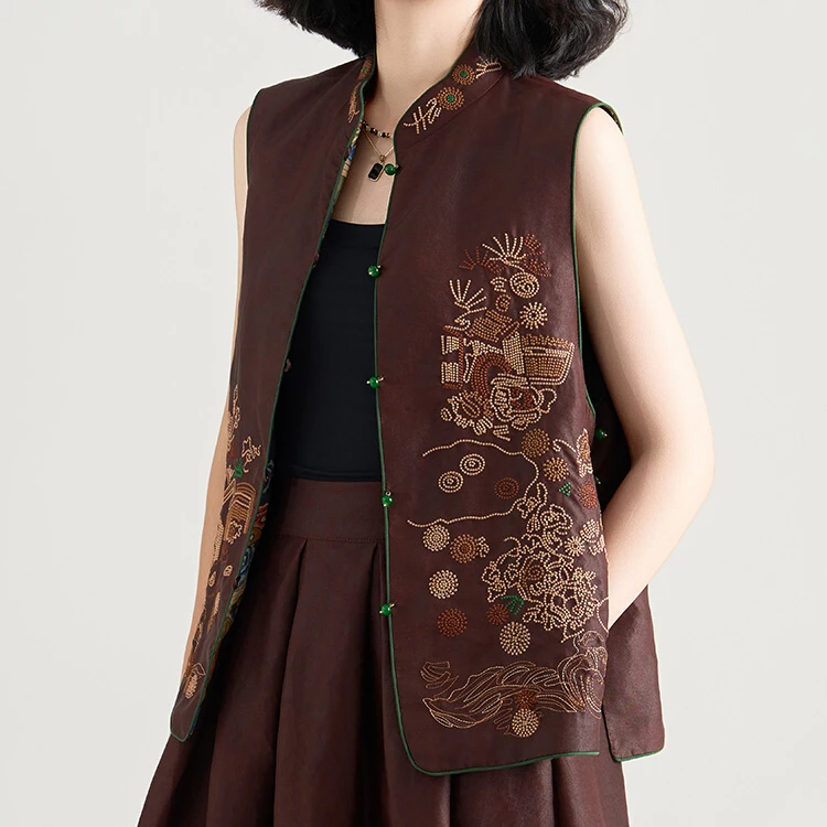 双面穿红云纱真丝马甲背心女国风复古新中式刺绣气质桑蚕丝短外套