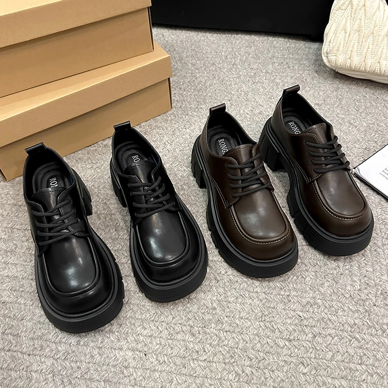 厚底乐福鞋黑色小皮鞋女2024秋季时尚百搭学院系带复古圆头乐福鞋