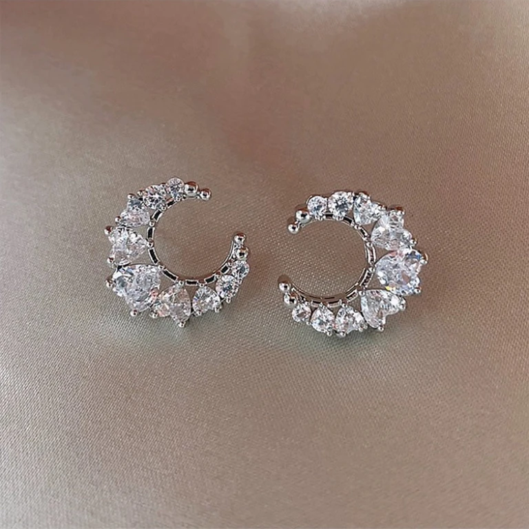 铜合金合成锆石耳饰 K0100轻奢气质小众设计半个月亮满钻耳钉