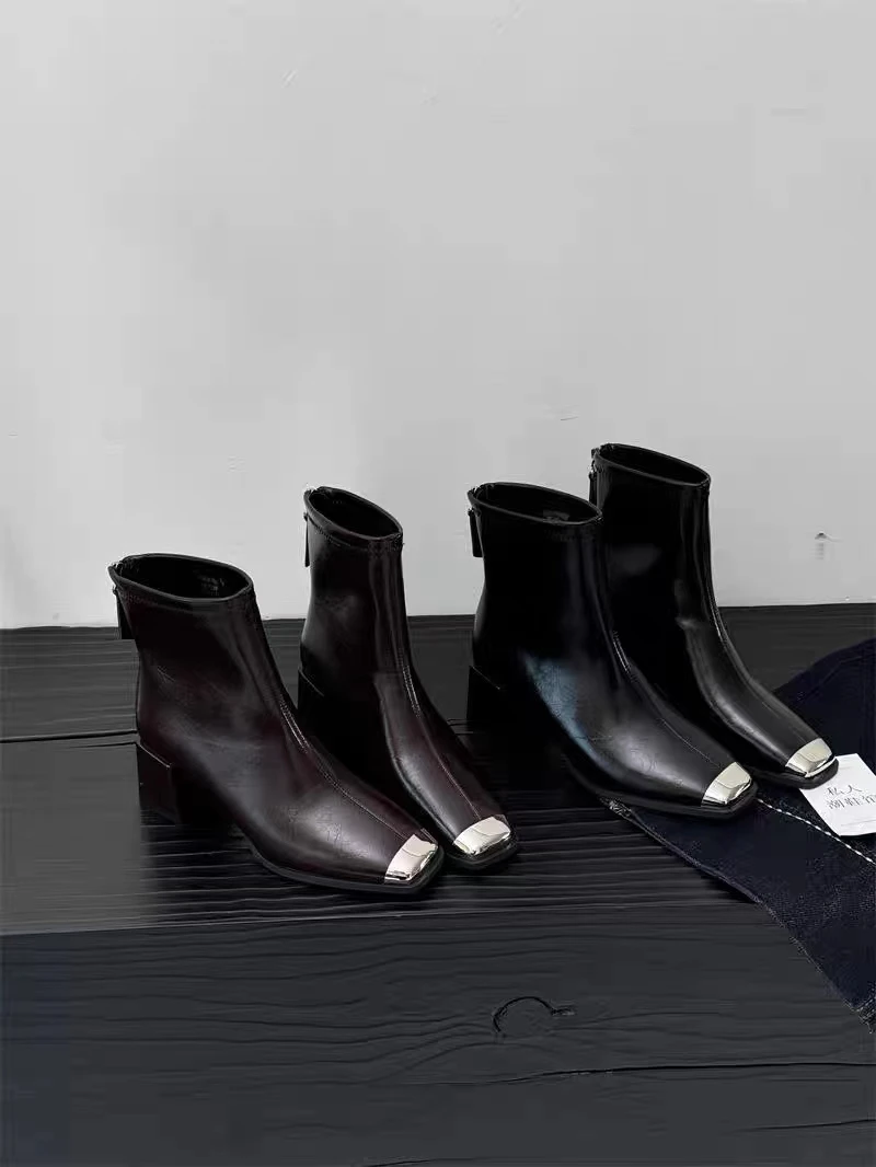 上新爆款！软皮薄薄绒5cm方跟后拉链时装短靴1-2782