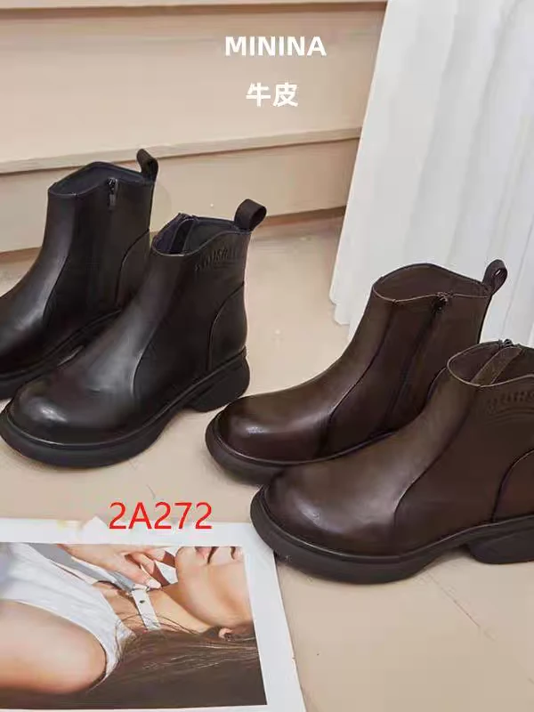 高品货！头层纳帕单层牛皮3.5cm平底侧拉链短靴M