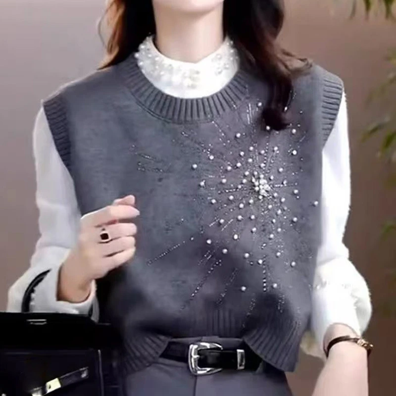 坎肩马甲钉珠重工设计感圆领套头针织衫毛衣韩版无袖背心休闲上衣