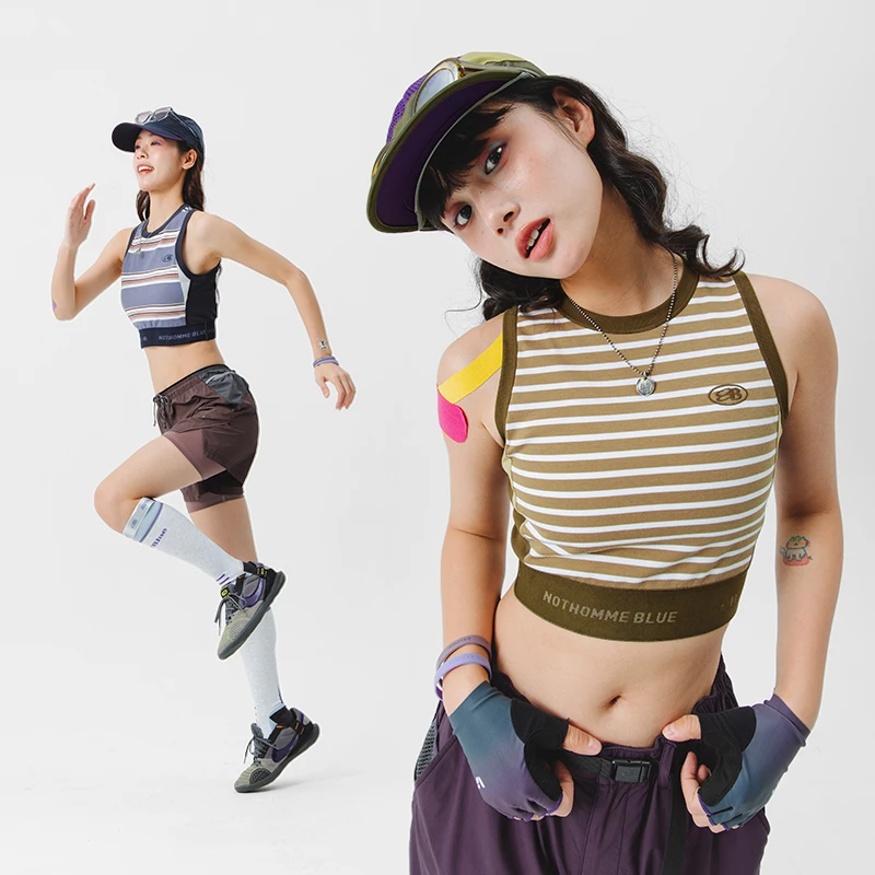 蓝岐户外运动短款修身上衣复古条纹宽肩运动背心女