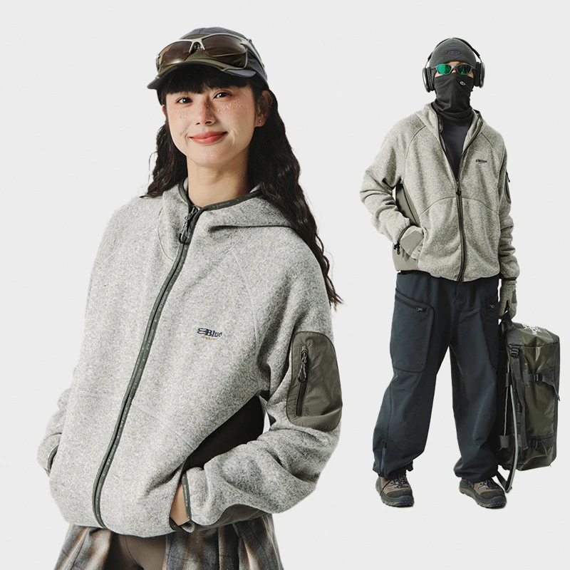 蓝岐秋冬户外轻量化保暖开衫拼色毛织抓绒连帽外套男