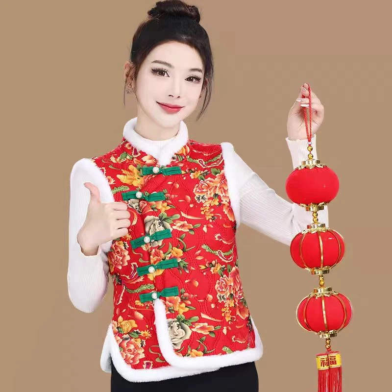 妈妈国风东北大花袄马甲女民族风春秋季爆款夹棉加绒短款网红马夹