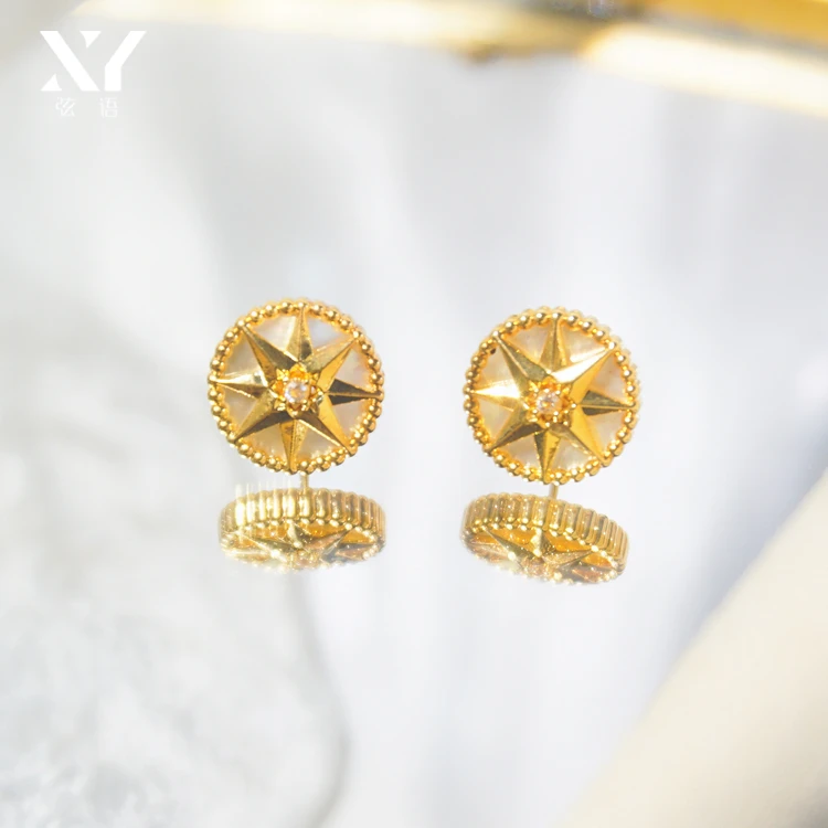 18K金八芒星贝母罗盘耳饰时尚耳钉