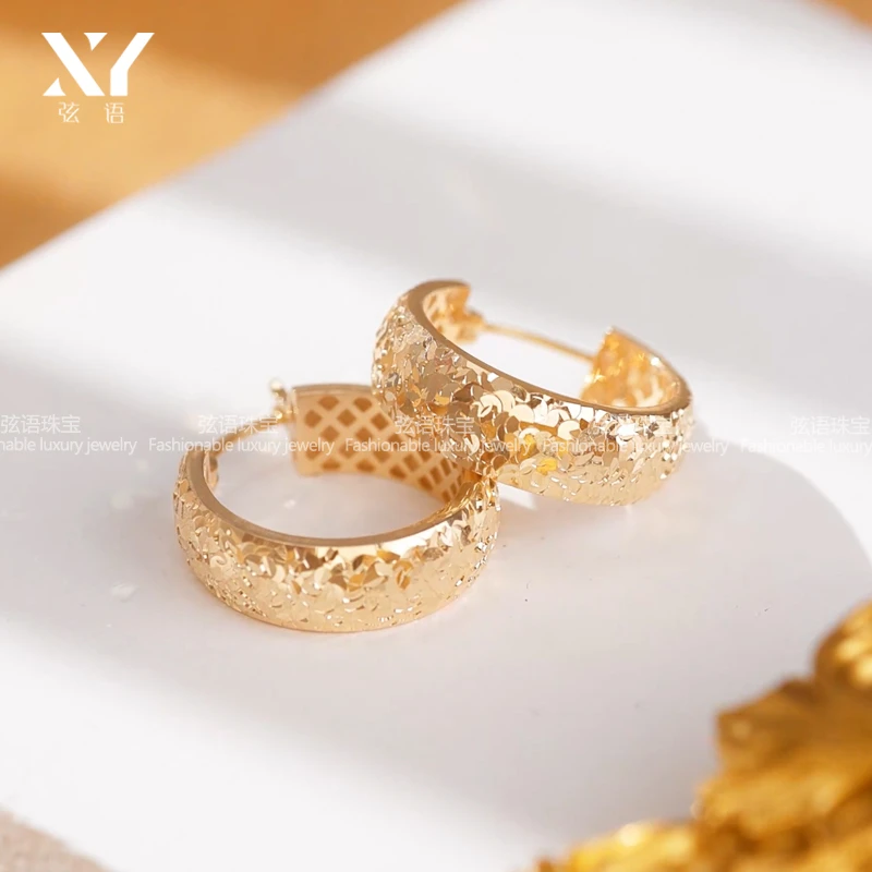 18K金碎碎冰冰淇淋素金耳圈大耳环时尚气质简约素圈