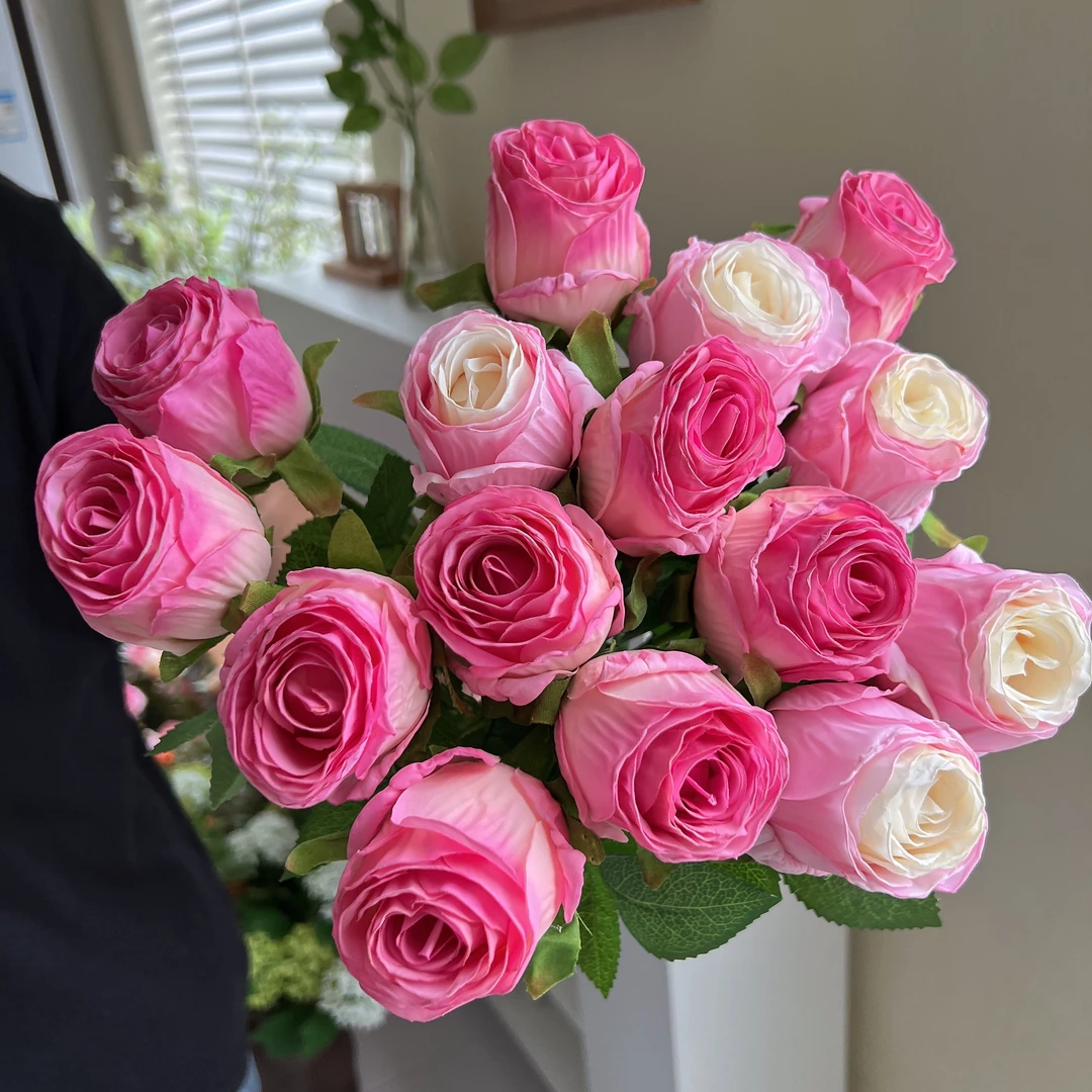 仿干花焦边玫瑰花带叶假花把花束绢花玫红卷边家居花艺客厅装饰花