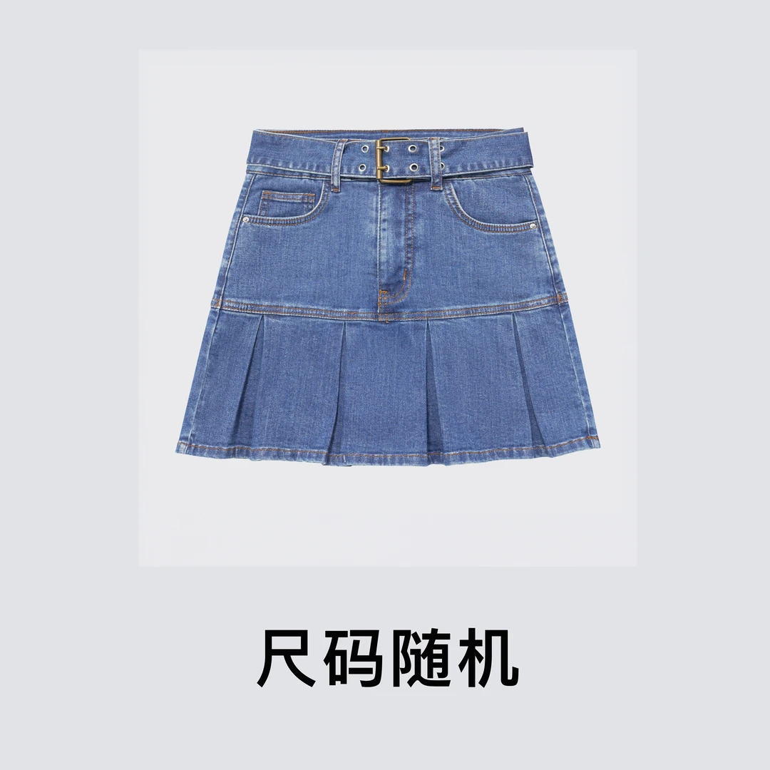 AnguraLeeA字百褶裙双排扣配腰带(有内衬防走光)牛仔半裙