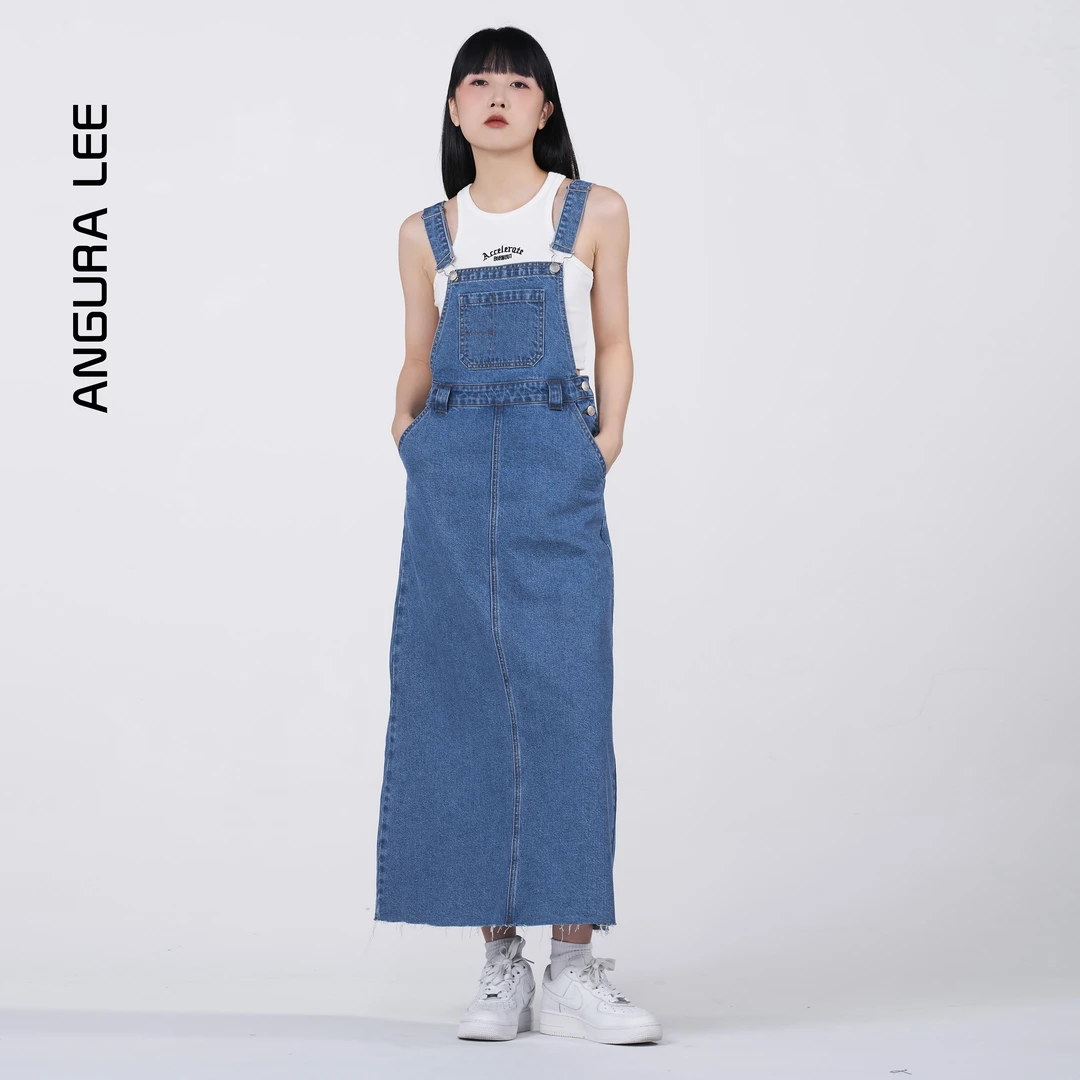 AnguraLee春夏牛仔背带裙高腰水洗休闲百搭蓝色女装夏季连衣裙