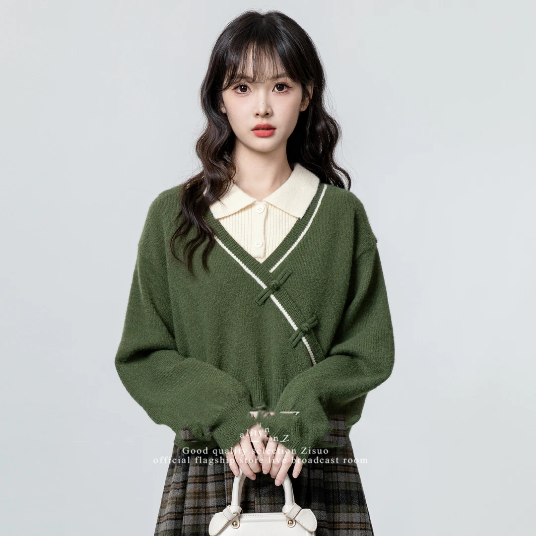 217春秋季新款新中式盘扣翻领毛衣上衣