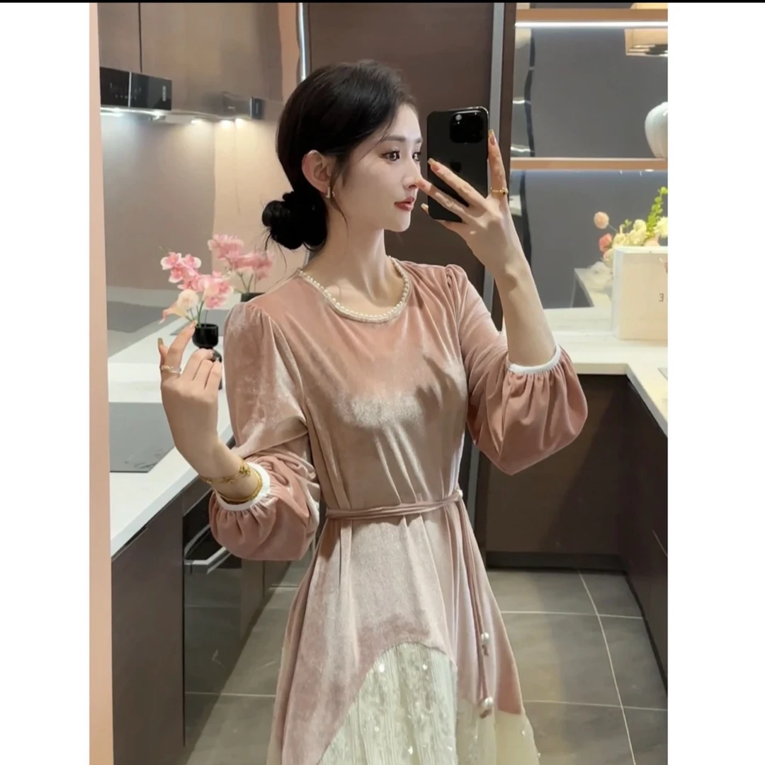 2024【亮晶晶】新款法式氛围感网纱拼接丝绒连衣裙