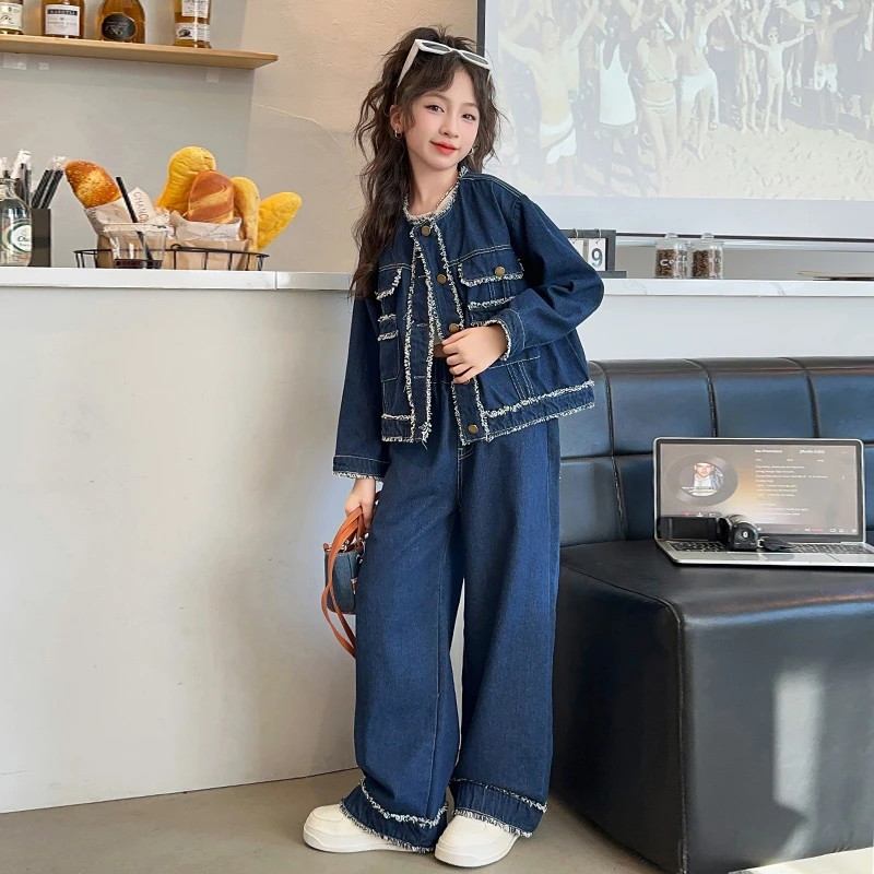 女童牛仔套装秋装2024新款大童洋气春秋装时髦炸街复古童装两件套