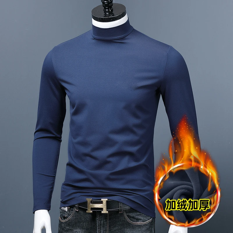 加绒打底衫男士半高领秋冬内衣中领体恤加厚 黑色内搭保暖长袖t恤