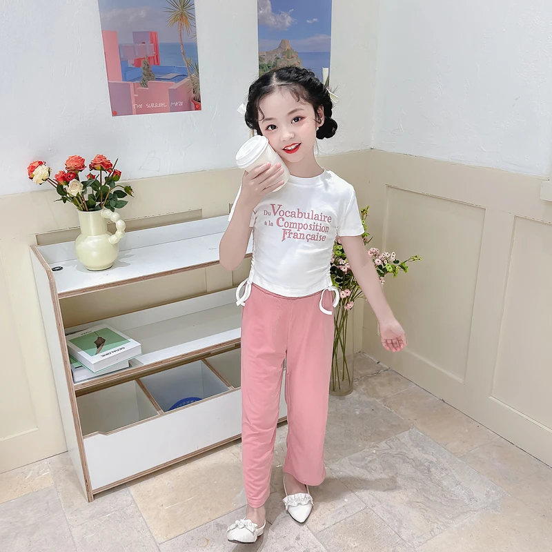 中大女童夏季圆通抽绳短款T恤短袖半袖+休闲抖抖长裤两件套装