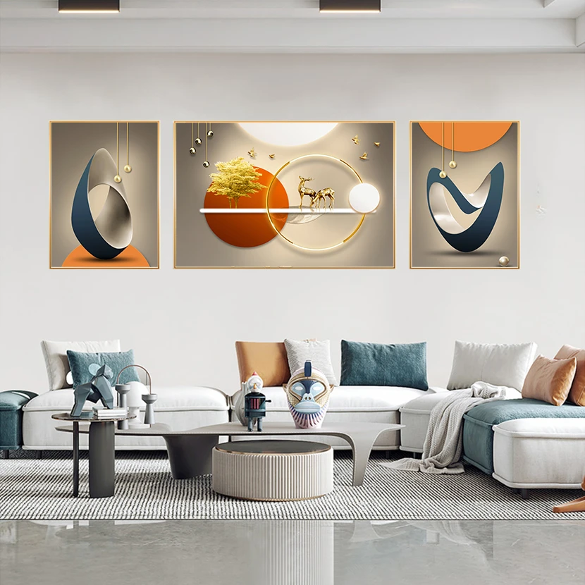 〖福禄亨通〗轻奢简约现代客厅挂画沙发背景墙三联金色样板铝合金