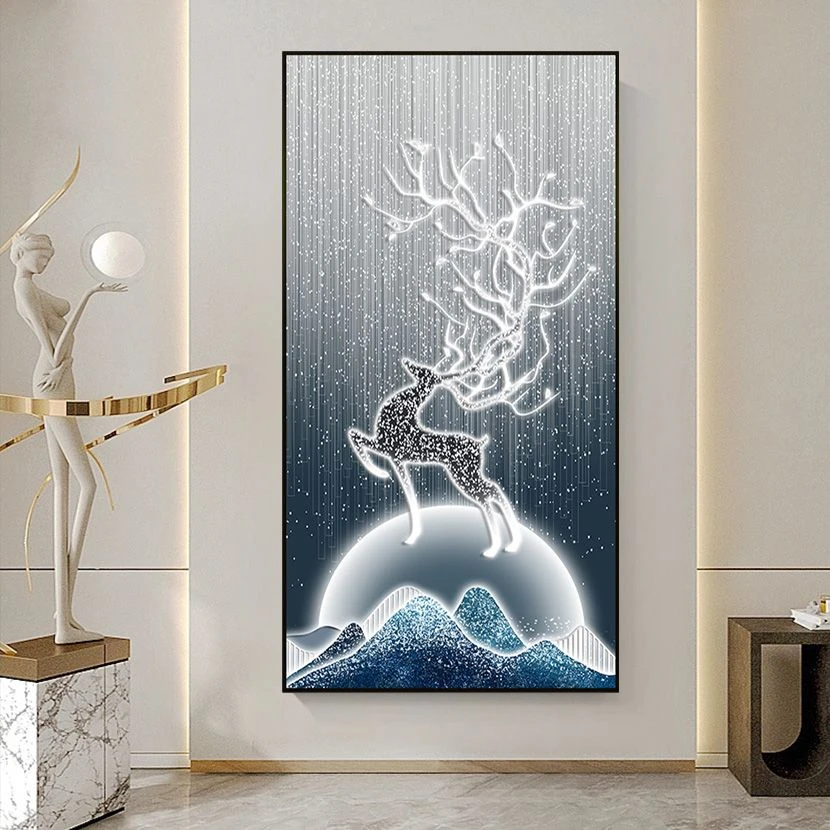 〖幸福麋鹿〗玄关竖款挂画现代简约轻奢晶瓷镶钻装饰单幅画框X45