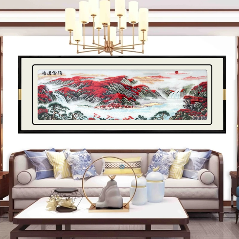 现代新中式高端品质客厅沙发背景墙刺绣苏绣装裱装饰一体画