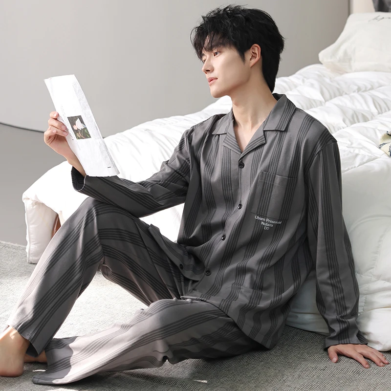 高档男士睡衣春秋季纯棉新款长袖青少年大码全棉秋冬可外穿家居服