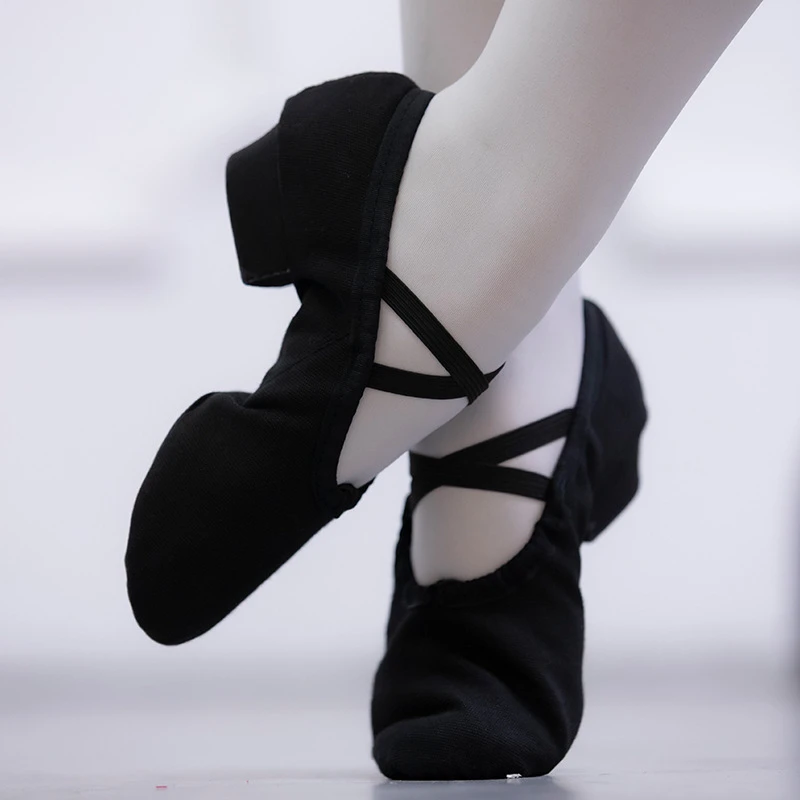 团体训练形体礼仪舞蹈鞋练功软底形体鞋教师猫爪带跟帆布黑色鞋
