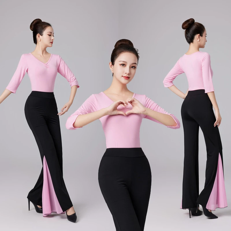 粉色形体服拼色大喇叭裤套装新款礼仪模特训练服弹力舞蹈练功服女