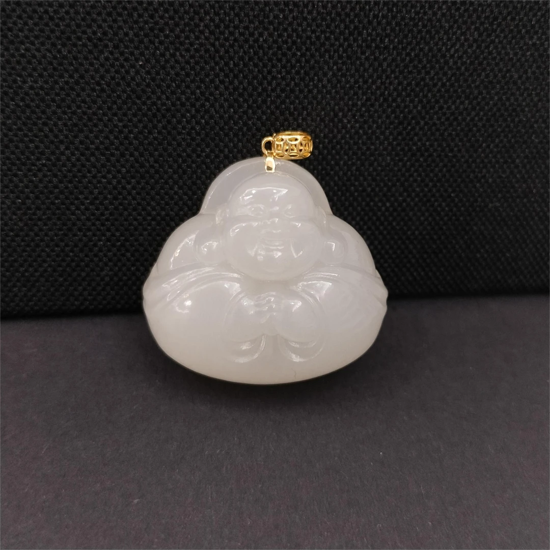 3986#和田玉吊坠18K金羊脂白玉抱抱佛（大）（送链子）