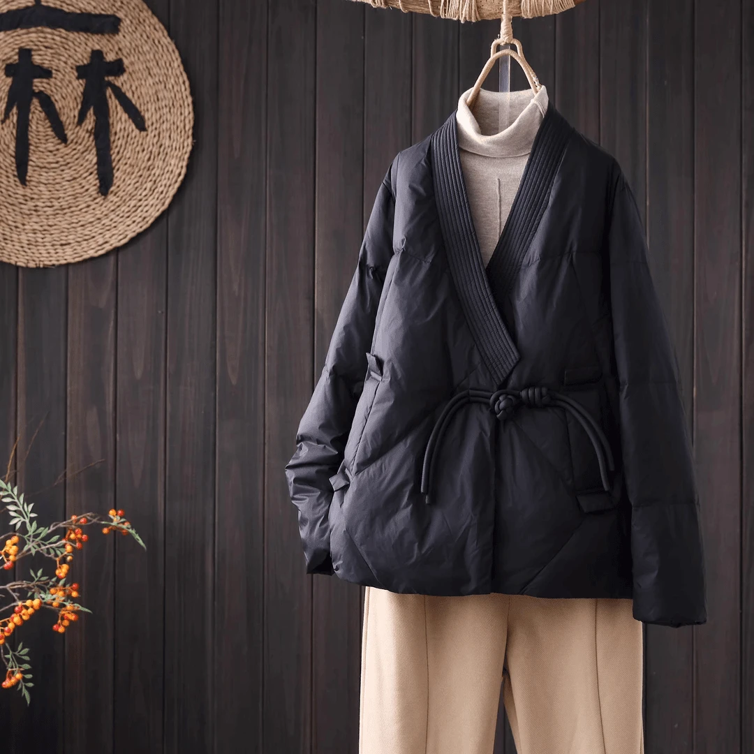 短款羽绒服2024纯色文艺复古盘口国风宽松短款百搭羽绒服