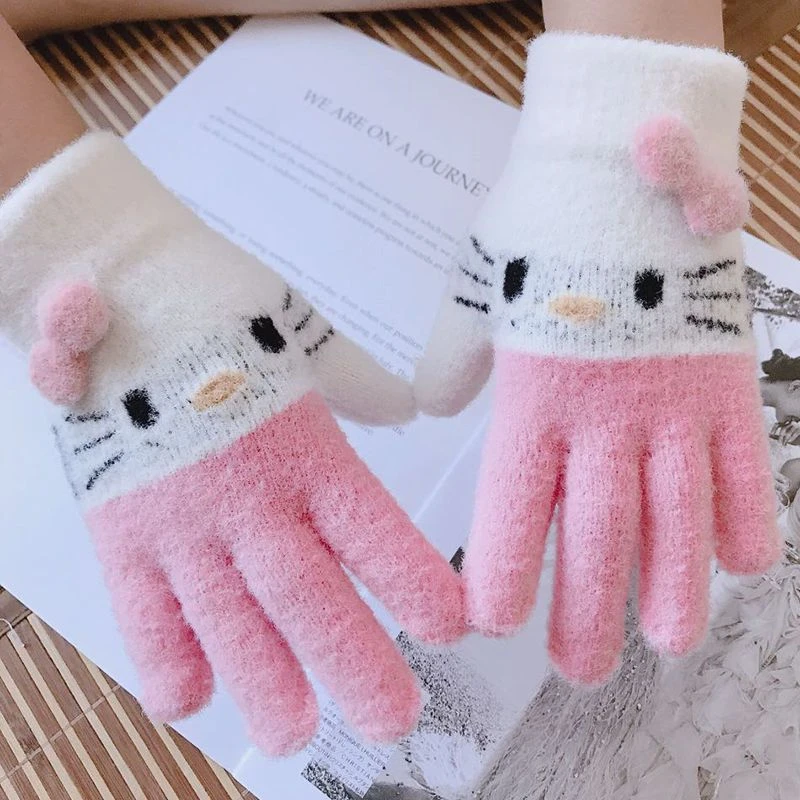 儿童手套女冬季卡通小猫可爱公主五指小学生加厚保暖针织婴儿手套