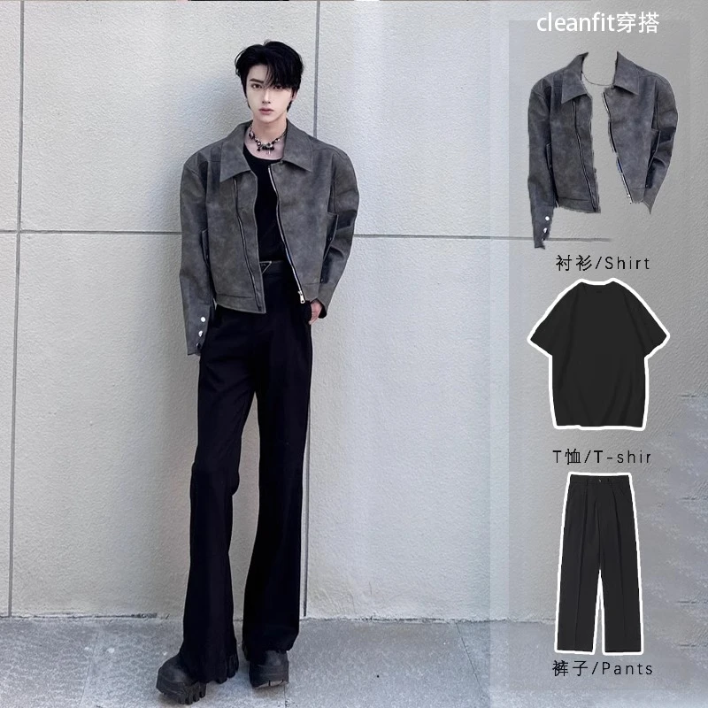 韩系男装高级感穿搭套装垫肩短款外套秋小众设计师男模穿搭三件套