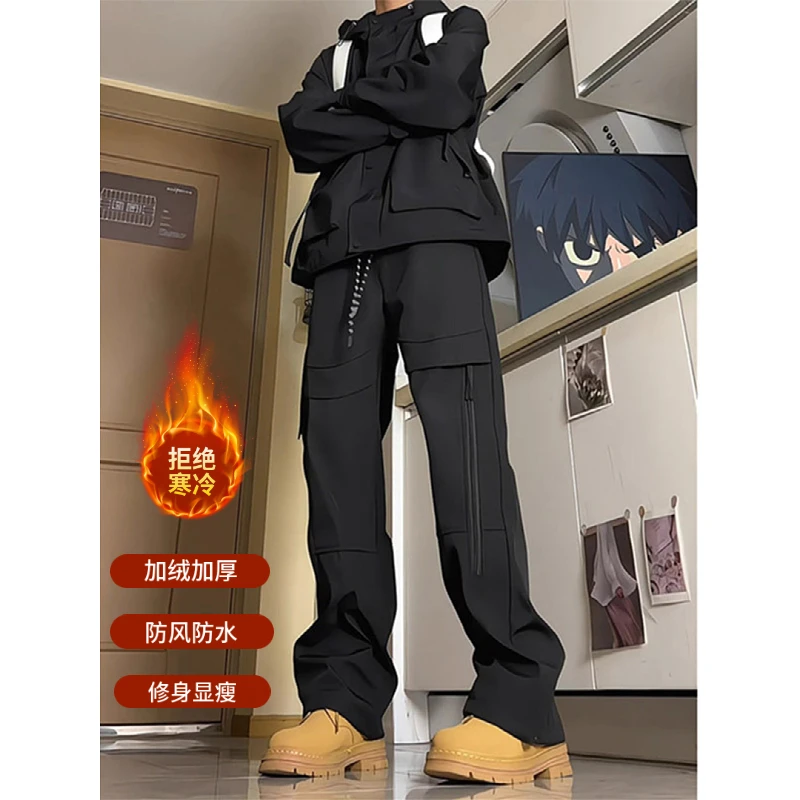黑武士加绒冲锋裤男秋冬款三防水工装裤美式机能侧拉链户外登山裤
