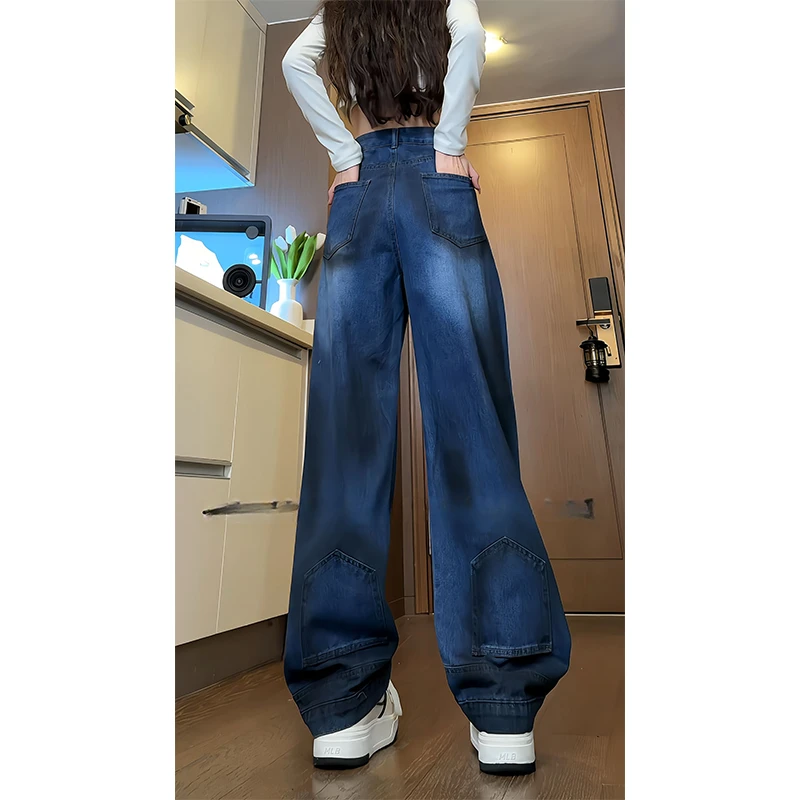 美式水洗倒装脏脏牛仔裤直筒做旧复古vibe裤子cleanfit设计感长裤