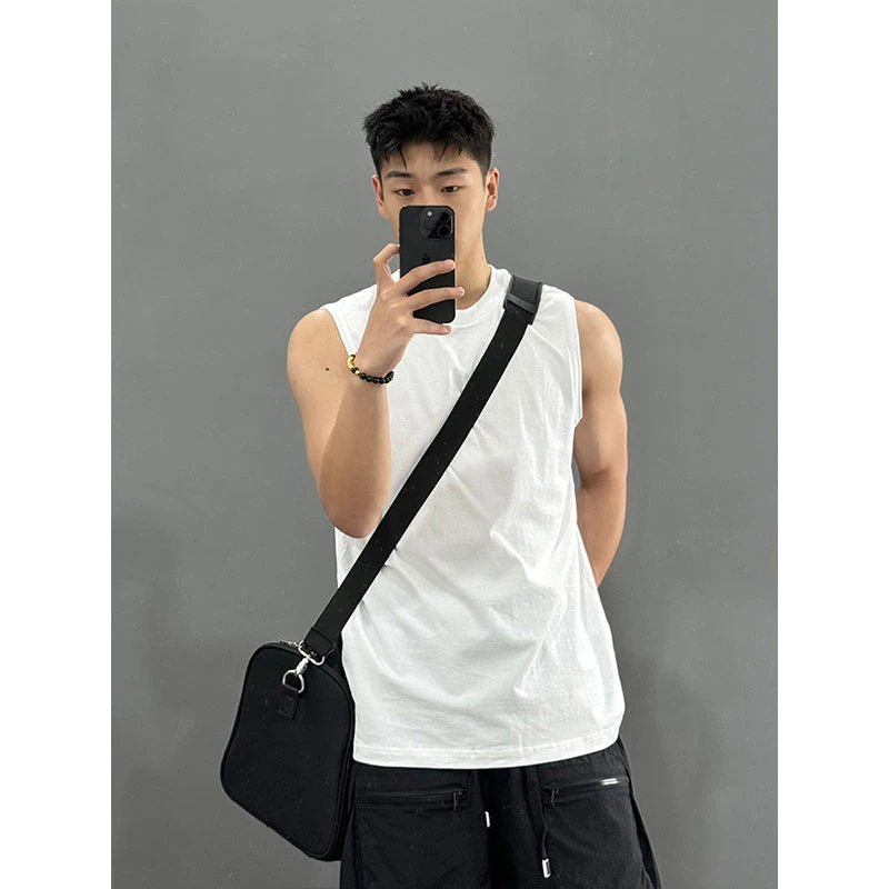 纯色运动健身背心男夏季美式小领口纯棉无袖T恤显肌肉短袖坎肩