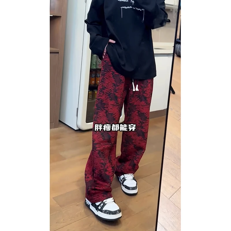 安可拉红扎染脏脏毛呢裤男女款vintage新中式民族风运动休闲卫裤