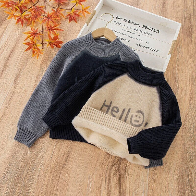 儿童毛衣冬季半高领加绒加厚男童套头渐变色针织衫女童一体绒线衣